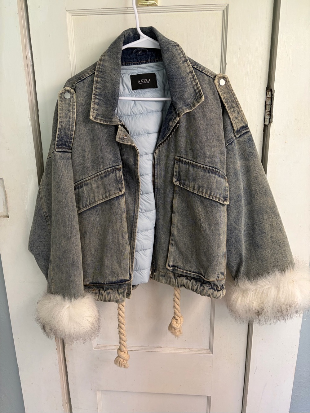 AKIRA Washed Gray Denim Cropped Jacket with White Faux Fur Cuffs